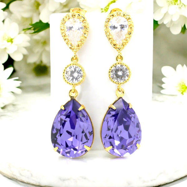 Purple Earrings Bridal Earrings  Crystal Tanzanite Purple & Gold Earrings Bridesmaids Earrings Cubic Zirconia Earrings TZ31PC