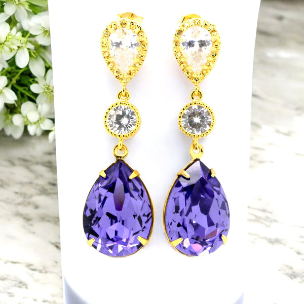 Purple Earrings Bridal Earrings  Crystal Tanzanite Purple & Gold Earrings Bridesmaids Earrings Cubic Zirconia Earrings TZ31PC