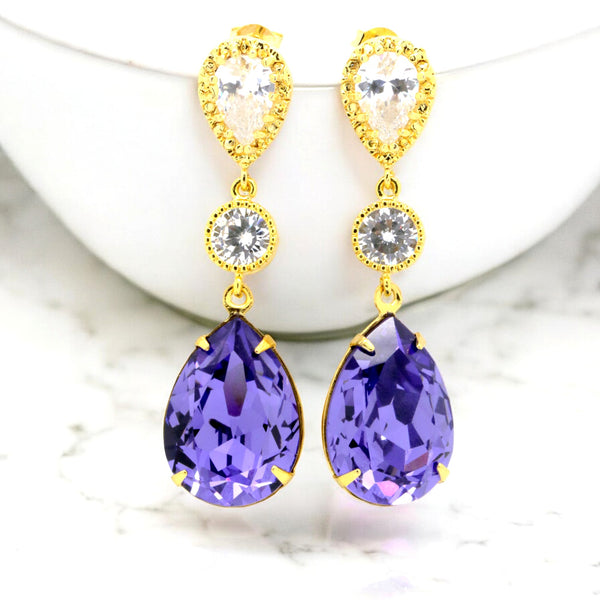 Purple Earrings Bridal Earrings  Crystal Tanzanite Purple & Gold Earrings Bridesmaids Earrings Cubic Zirconia Earrings TZ31PC