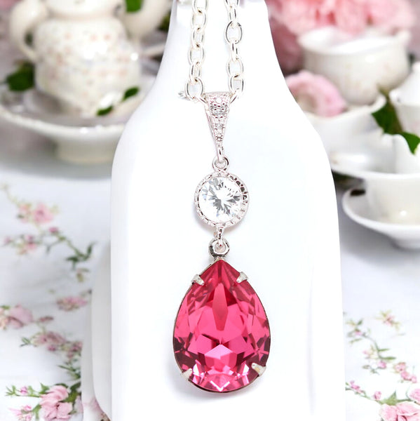 Pink Jewelry Set Hot Pink Earrings Necklace Austrian Crystal Rose Pink Fuchsia Pink Bridesmaid Gift Cubic Zirconia Hypoallergenic RP31JS