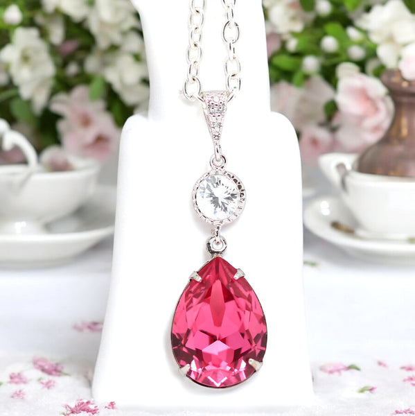 Hot Pink Necklace Crystal Pink Necklace Bridal Teardrop Necklace Bridesmaid Necklace Sparkly Cubic Zirconia Pink Magenta RP31N