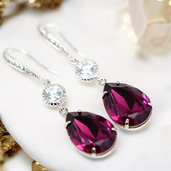 Purple Bridal Earrings Amethyst Earrings Plum Earrings  Teardrop Crystal Bridesmaid Earring February Birthstone Sparkly AM31HC