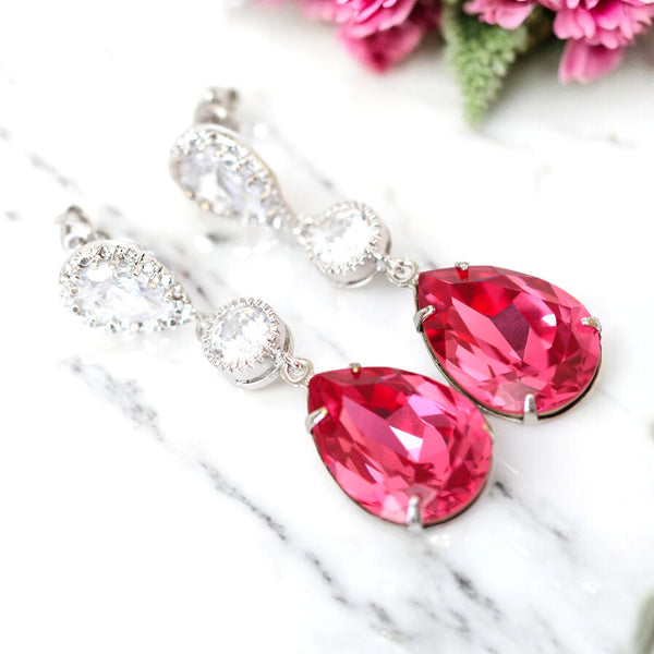 Pink Jewelry Set Hot Pink Earrings Necklace Austrian Crystal Rose Pink Fuchsia Pink Bridesmaid Gift Cubic Zirconia Hypoallergenic RP31JS