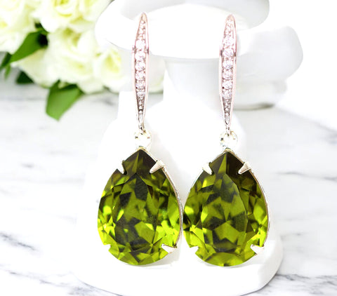 Olive Green Earrings Olivine  Teardrop Earrings Bridal Earrings Bridesmaid Gift Silver Earrings Sparkly Bridal Party Jewelry OG31H