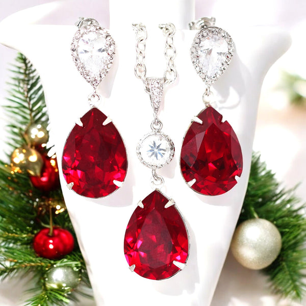 Red Earrings and Necklace Set  Crystal Earrings & Necklace Set Bridesmaid Gift Set Cubic Zirconia Dark Red Deep Red Crimson SI31JS