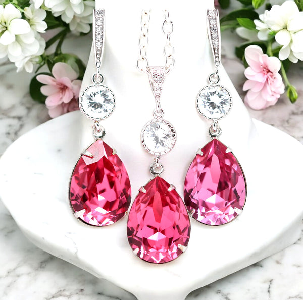 Bridal Earrings and Necklace Set Long Crystal Earrings Dangle Earrings Bridesmaid Jewelry RP31JS