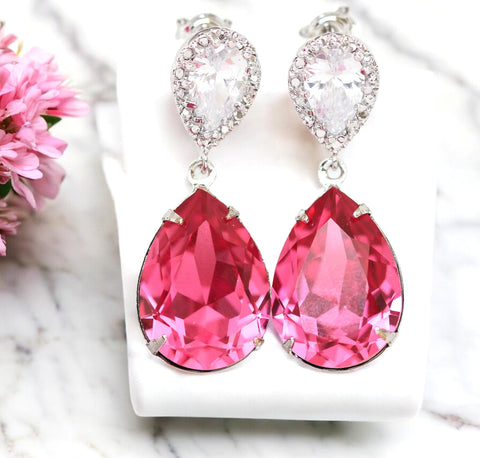 Pink Earrings Bridesmaid Earrings Crystal Earrings Bridal Earrings Rose Pink Earrings Bridesmaid Gift Magenta Fuchsia Dangle Earrings RP31P