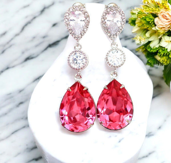 Pink Jewelry Set Hot Pink Earrings Necklace Austrian Crystal Rose Pink Fuchsia Pink Bridesmaid Gift Cubic Zirconia Hypoallergenic RP31JS