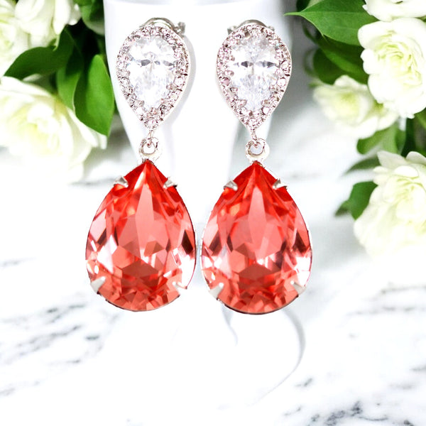 Coral Bridal Earrings Rose Peach Crystal Peach Earrings Sparkly Teardrop Bridesmaid Coral Earring Beach Wedding Jewelry CO31P