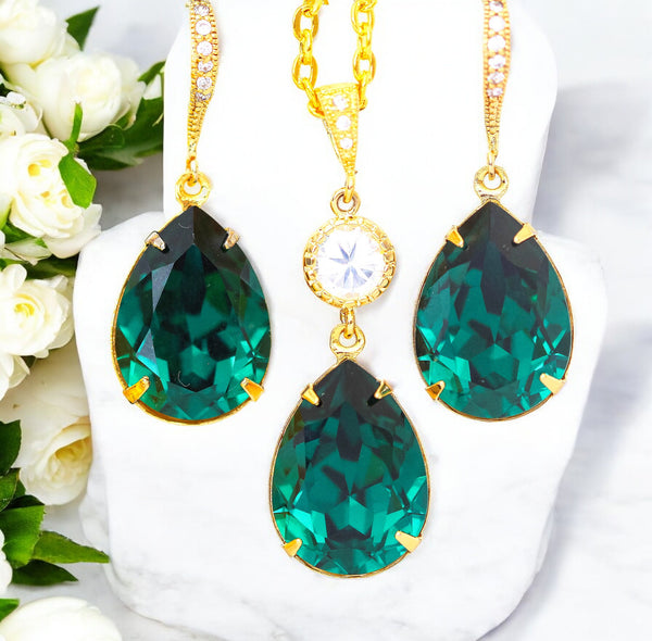 Emerald Gold Necklace Green Gold Necklace  Crystal Emerald Bridal Teardrop Necklace Bridesmaid Necklace Dark Green Necklace EM31N