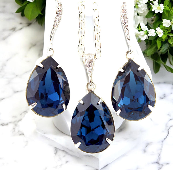 Navy Blue Jewelry Set Blue Bridal Set Bridesmaid Jewelry Pear Bridal Jewelry Bridal Party Jewelry Set Crystal Earrings Blue Accessory MO31JS