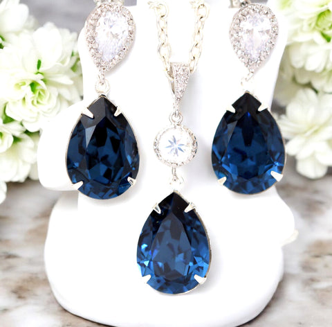 Navy Blue Bridesmaid Jewelry Navy Blue Bridal Set Navy Blue Jewelry Set Pear Bridal Jewelry Bridal Party Jewelry Set Navy Earrings MO31JS