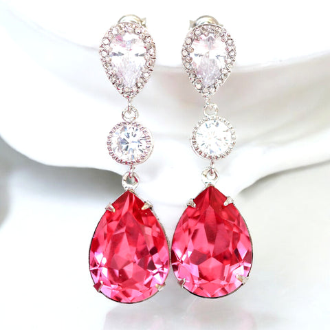 Hot Pink Earrings Fuchsia Earrings Pear Crystal Bridal Earrings Rose Pink Magenta Fuchsia Bridesmaids Pink Earrings RP31PC