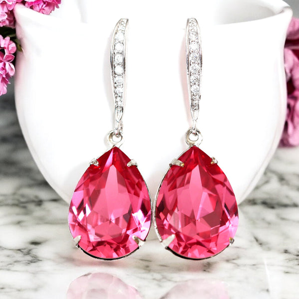 Pink Earrings for Women Pear Bridal Jewelry Gift for Her Bridal Pink Earrings Crystal Earrings Pink Jewelry Bridesmaid Earrings RP31H