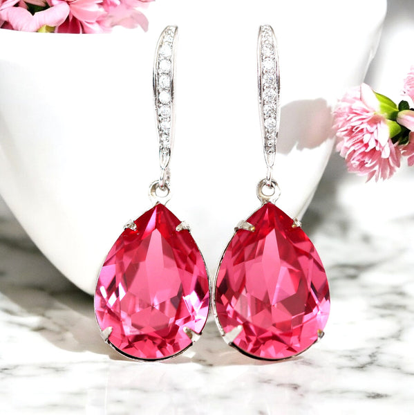 Pink Earrings for Women Pear Bridal Jewelry Gift for Her Bridal Pink Earrings Crystal Earrings Pink Jewelry Bridesmaid Earrings RP31H