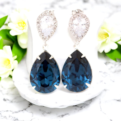 Post Earrings Navy Blue Dangle Earrings Navy Bridesmaid Earrings Navy Blue Wedding Earrings Navy Silver Earrings Crystal CZ Earrings MO31P