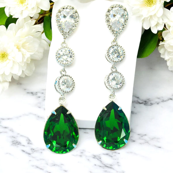 Long Green Earrings Dark Green Earrings Dark Moss Stone Cubic Zirconia Earrings Sterling Silver Bridesmaids Drop Earrings DM31PCC