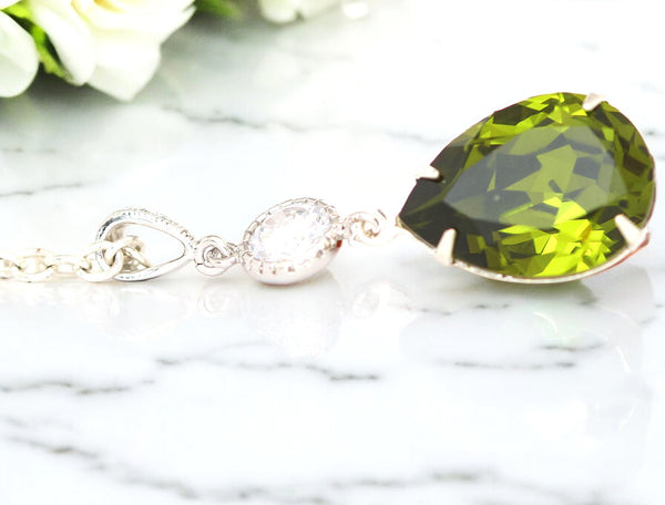 Olive Green Necklace  Crystal Olivine Green Bridesmaid Necklace Olive Necklace Bridal Necklace Wedding Pendant Necklace OG31N