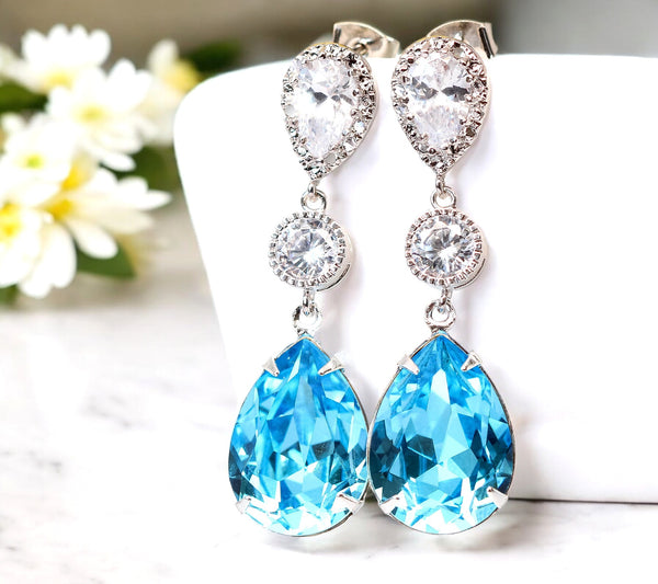 Aquamarine Earrings Aqua Blue Earrings Something Blue ideas Bridal Earrings Bridesmaid Earrings Gift for Her CZ Earrings  AQ31PC