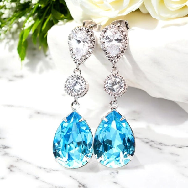 Aquamarine Earrings Aqua Blue Earrings Something Blue ideas Bridal Earrings Bridesmaid Earrings Gift for Her CZ Earrings  AQ31PC