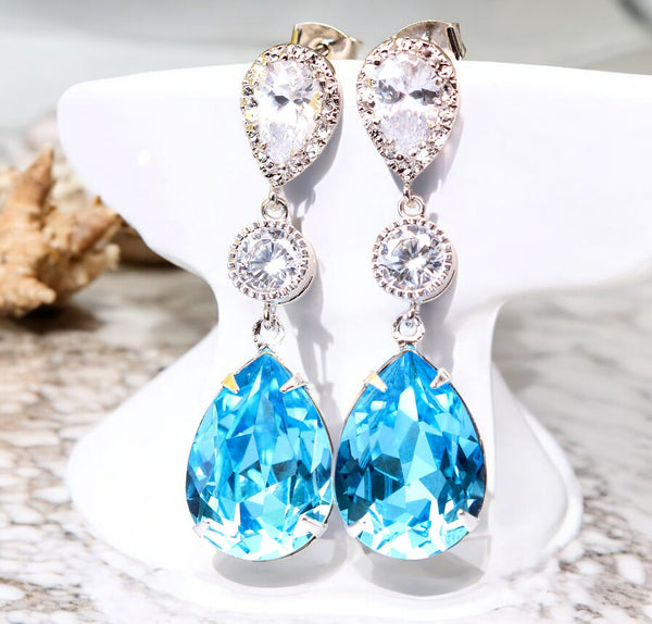 Aquamarine Earrings Aqua Blue Earrings Something Blue ideas Bridal Earrings Bridesmaid Earrings Gift for Her CZ Earrings  AQ31PC