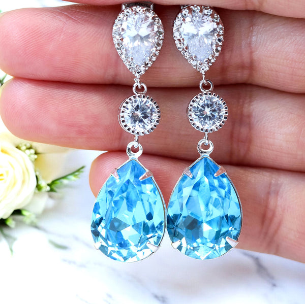 Aquamarine Earrings Aqua Blue Earrings Something Blue ideas Bridal Earrings Bridesmaid Earrings Gift for Her CZ Earrings  AQ31PC