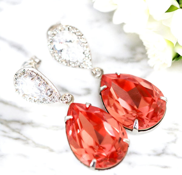 Coral Bridal Earrings Rose Peach Crystal Peach Earrings Sparkly Teardrop Bridesmaid Coral Earring Beach Wedding Jewelry CO31P