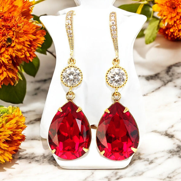 Red Earrings Ruby Earrings Dark Red Earrings Crystal Earrings Bridesmaid Earrings Bridal Earrings Dangle Earrings Gold Earrings SI31HC