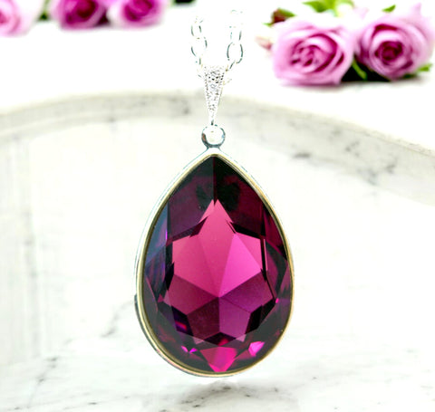 Purple Teardrop Necklace Crystal Amethyst Necklace Large Pendant Statement Necklace Bridesmaid Gift Bridal Wedding Jewelry AM42N