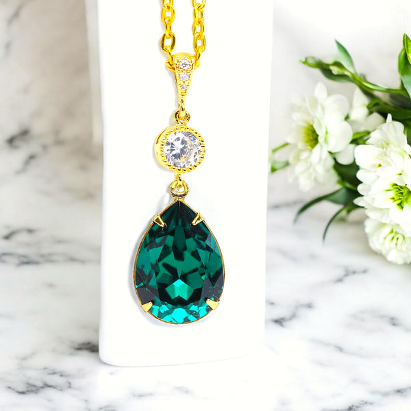 Emerald Gold Necklace Green Gold Necklace  Crystal Emerald Bridal Teardrop Necklace Bridesmaid Necklace Dark Green Necklace EM31N