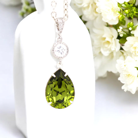 Olive Green Necklace  Crystal Olivine Green Bridesmaid Necklace Olive Necklace Bridal Necklace Wedding Pendant Necklace OG31N