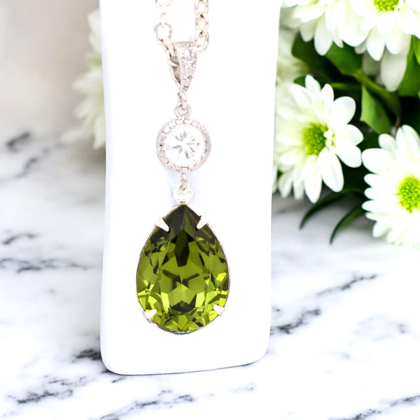 Olive Green Necklace  Crystal Olivine Green Bridesmaid Necklace Olive Necklace Bridal Necklace Wedding Pendant Necklace OG31N