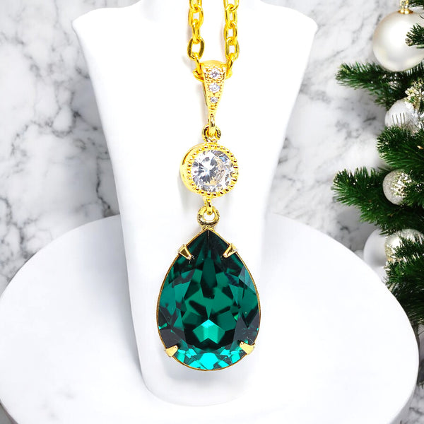 Emerald Gold Necklace Green Gold Necklace  Crystal Emerald Bridal Teardrop Necklace Bridesmaid Necklace Dark Green Necklace EM31N