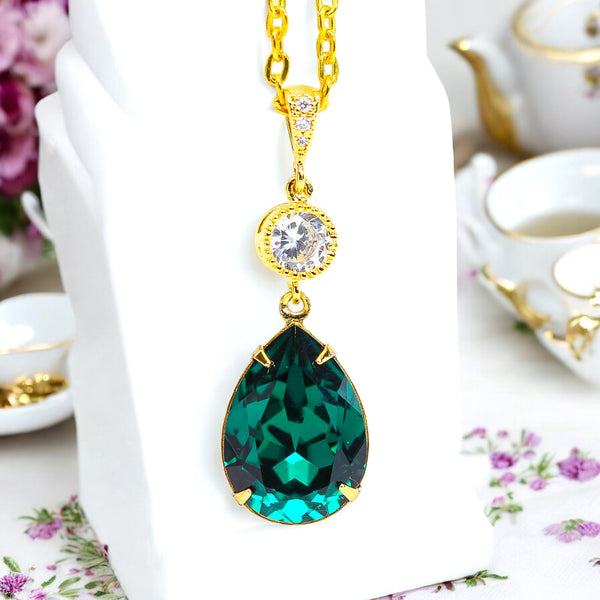 Emerald Gold Necklace Green Gold Necklace  Crystal Emerald Bridal Teardrop Necklace Bridesmaid Necklace Dark Green Necklace EM31N