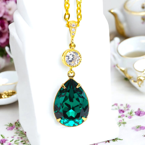 Emerald Gold Necklace Green Gold Necklace  Crystal Emerald Bridal Teardrop Necklace Bridesmaid Necklace Dark Green Necklace EM31N