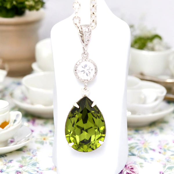 Olive Green Necklace  Crystal Olivine Green Bridesmaid Necklace Olive Necklace Bridal Necklace Wedding Pendant Necklace OG31N