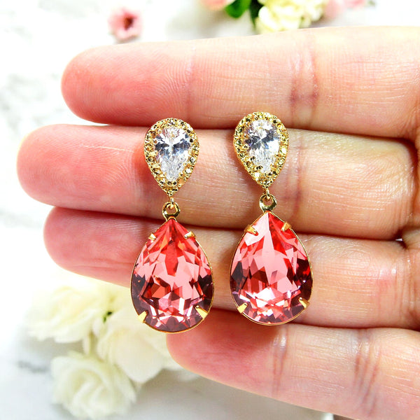 Coral Bridal Earrings Rose Peach Crystal Peach Earrings Sparkly Teardrop Bridesmaid Coral Earring Beach Wedding Jewelry CO31P