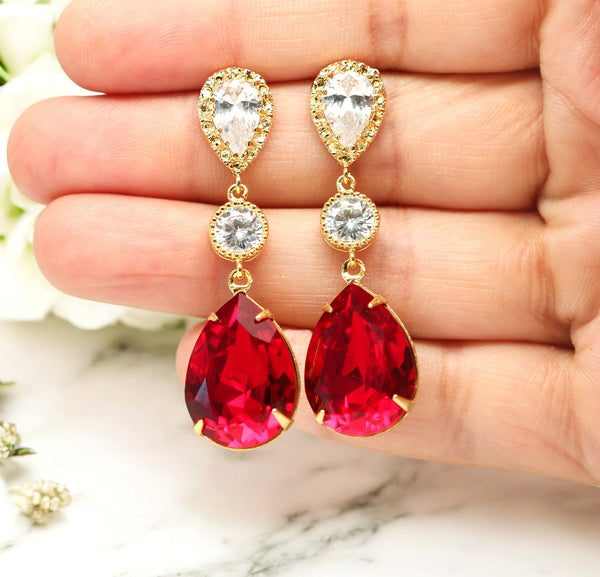 Red Gold Earrings Earrings Crystal Earrings Dark Red Earrings Crimson Earrings Dark Red Earrings Red Jewelry Sparkly SI31PC