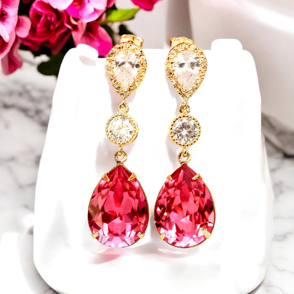 Pink Jewelry Set Hot Pink Earrings Necklace Austrian Crystal Rose Pink Fuchsia Pink Bridesmaid Gift Cubic Zirconia Hypoallergenic RP31JS