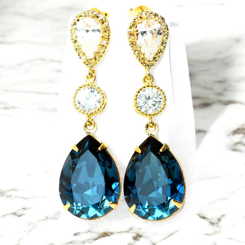 Navy and Gold Earrings Navy Blue Earrings for Wedding Bridesmaid Jewelry Navy Blue Bridal Earrings Navy Blue Long Earrings  MO31PC