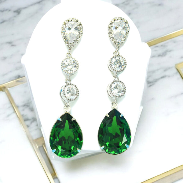 Long Green Earrings Dark Green Earrings Dark Moss Stone Cubic Zirconia Earrings Sterling Silver Bridesmaids Drop Earrings DM31PCC