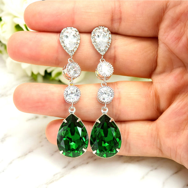 Long Green Earrings Dark Green Earrings Dark Moss Stone Cubic Zirconia Earrings Sterling Silver Bridesmaids Drop Earrings DM31PCC