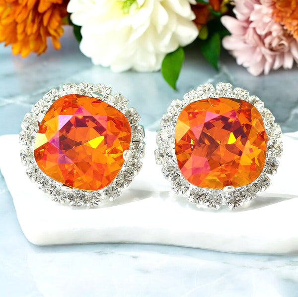 Orange Pink Stud Earrings Fuchsia Orange Earrings Large Stud Earrings Bridesmaid Jewelry Astral Pink  Crystal Cushion Cut AP50S