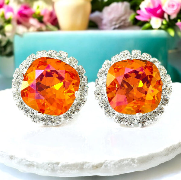 Orange Pink Stud Earrings Fuchsia Orange Earrings Large Stud Earrings Bridesmaid Jewelry Astral Pink  Crystal Cushion Cut AP50S