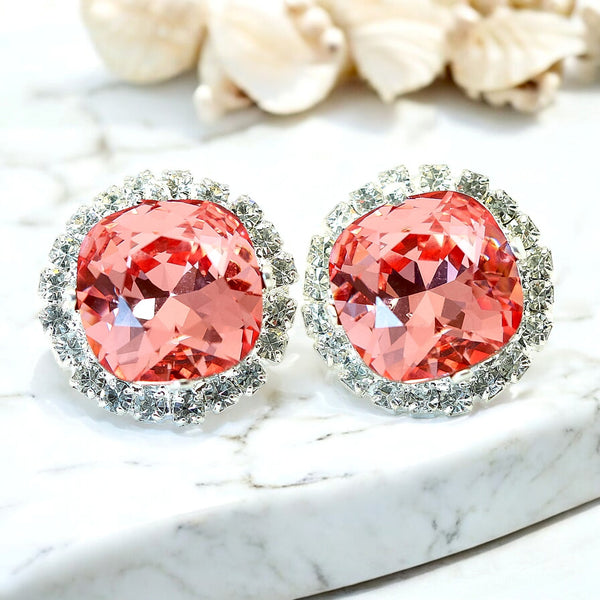 Coral Earrings Peach Earrings Crystal Earrings Stud Earrings Bridesmaid Gift Wedding Jewelry Beach Wedding Post Earrings Clear Crystal CO50S