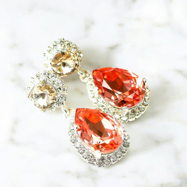 Coral Gold Crystal Earrings Bridal Peach Chandelier Drop Earrings Coral Orange Chandelier Earrings Bridal Salmon Crystal Long Earrings CO31DD