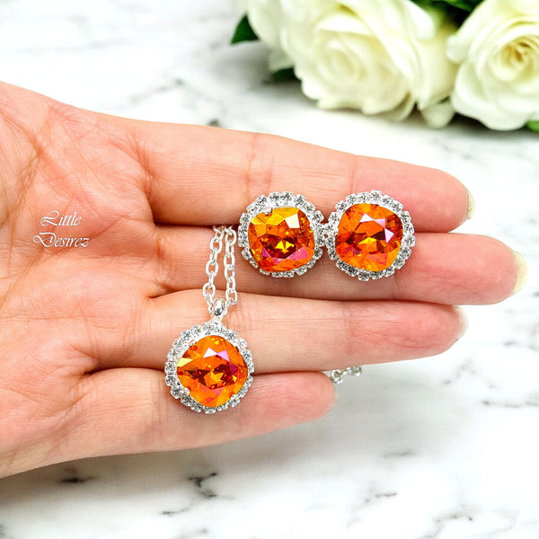 Orange Pink Stud Earrings Fuchsia Orange Earrings Large Stud Earrings Bridesmaid Jewelry Astral Pink  Crystal Cushion Cut AP50S