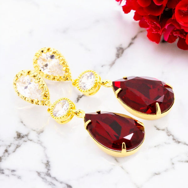 Red Gold Earrings Earrings Crystal Earrings Dark Red Earrings Crimson Earrings Dark Red Earrings Red Jewelry Sparkly SI31PC