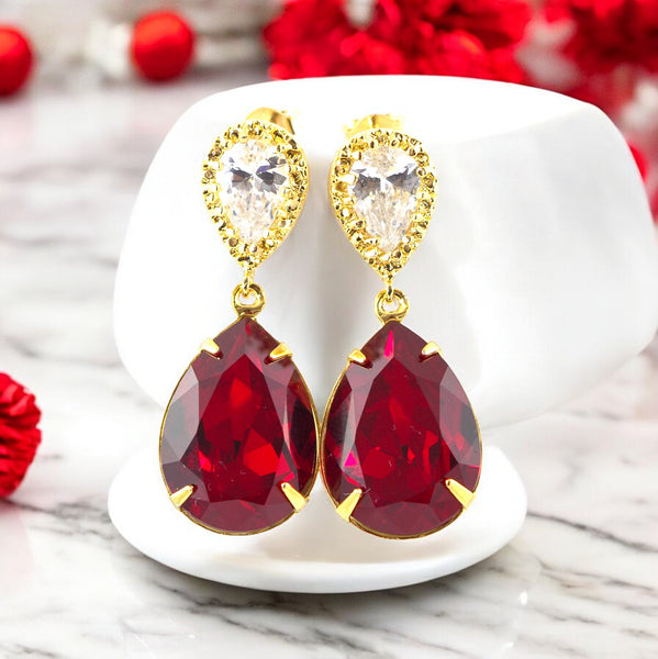 Red Earrings and Necklace Set  Crystal Earrings & Necklace Set Bridesmaid Gift Set Cubic Zirconia Dark Red Deep Red Crimson SI31JS