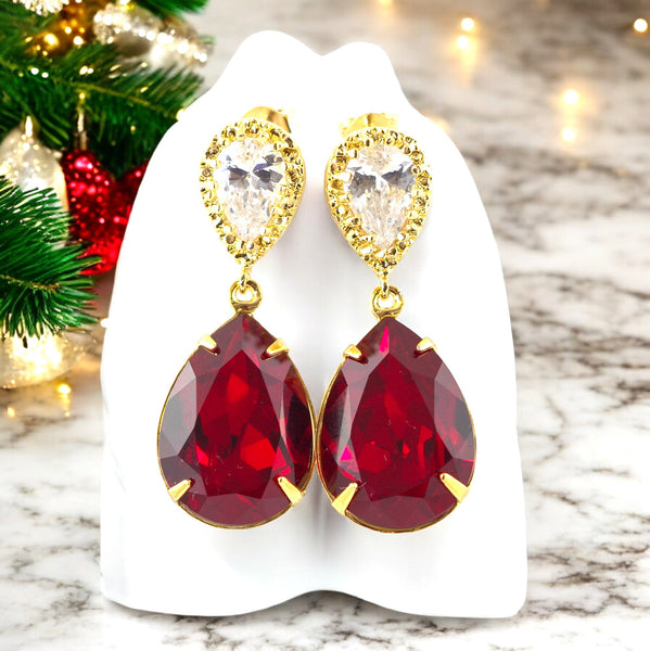 Dark Red Earrings Red Crystal Earrings Bridesmaid Jewelry Gold Earrings  Siam Earrings Cubic Zirconia Earrings Teardrop Stone SI31P